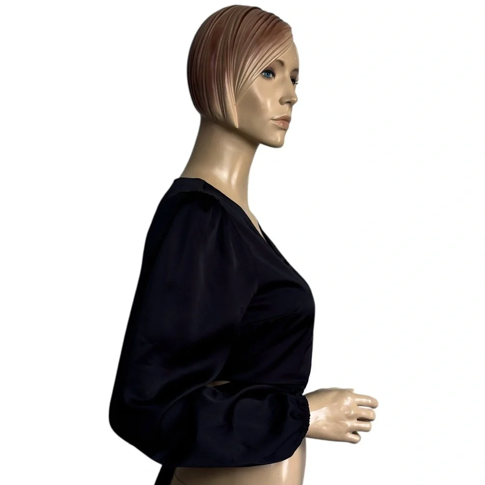 Abercrombie & Fitch Black Satin Wrap Tie Back Puff Sleeve Crop Top Size Small